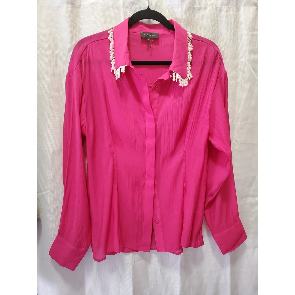 Gracia Women's Hot Pink Satin Button Up Blouse Pearl Embellished Collar Size‎ L